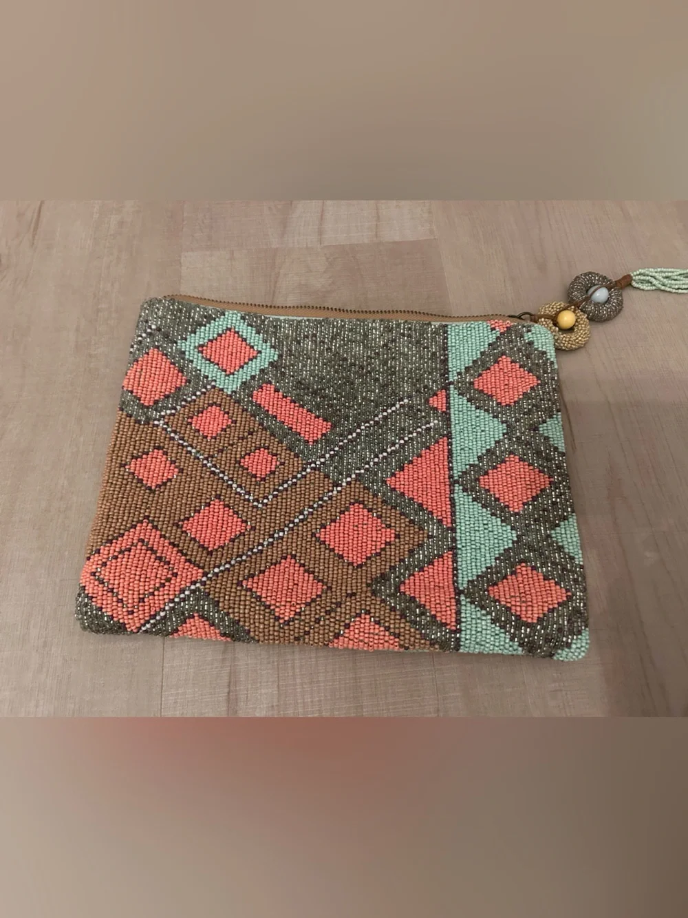 Anthropologie Beaded Boho Pattern Wristlet Clutch in Coral, Mint & Brown - Picture 1 of 3